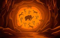 Prehistoric Cave with cave drawings. Cartoon mountain scene background Primitive cave paintings. ancient petroglyphs. Vector illustration.